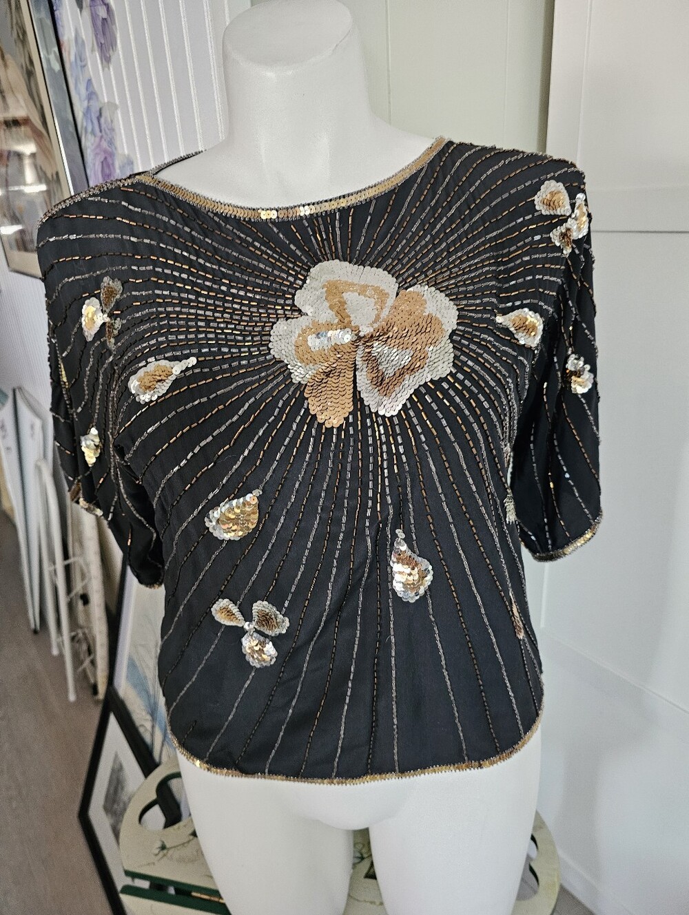 VTG Argenti Silk Beaded Sequin Blouse Black Gold 80s Glam Party Top Size Large